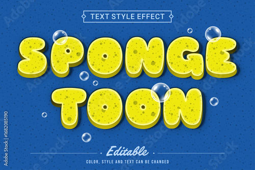 Editable Sponge Toon Text Style Effect with Bubbles on Blue Background