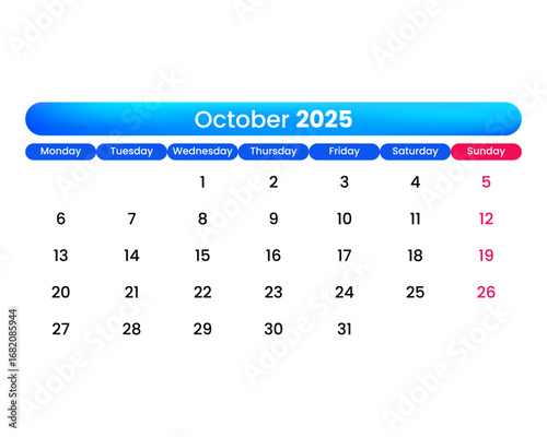 October 2025 calendar. October Month 2025 Year calendar vector design illustration