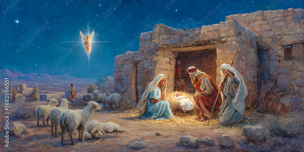 Obraz premium Biblical Nativity Scene Featuring the Holy Family with Shepherds and an Angel under Starry Sky