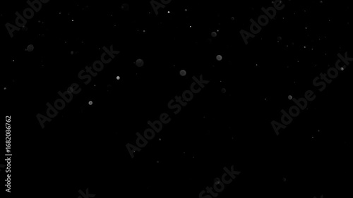 Natural Organic Dust Particles Floating On Black Background. Glittering Sparkling Particles Randomly Spin In The Air With Bokeh. Dynamic Particles With Fast And Slow Motion. Shimmering Dust In Space.	