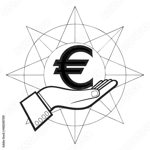 Financial Compass: A graphic representation of financial guidance and stability, this image depicts a hand holding a euro symbol within a compass-like design.