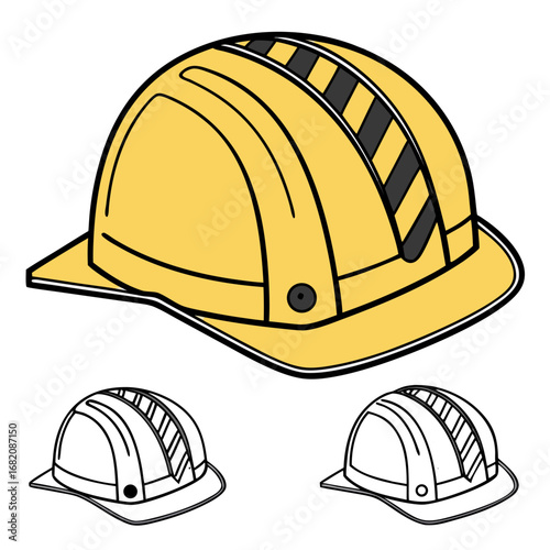 Construction safety helmet icon: A yellow construction helmet illustrated from multiple angles, essential headgear symbolizing safety and protection in the construction industry.