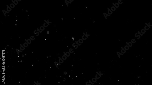 Natural Organic Dust Particles Floating On Black Background. Glittering Sparkling Particles Randomly Spin In The Air With Bokeh. Dynamic Particles With Fast And Slow Motion. Shimmering Dust In Space.	