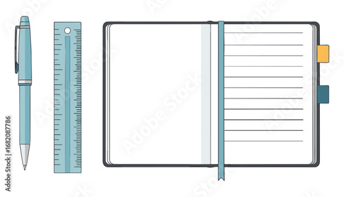 Open notebook with blank pages, pen and ruler for taking notes or writing tasks.