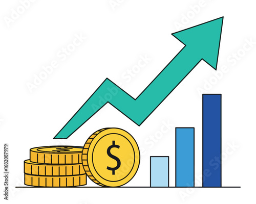 Vector illustration depicting financial growth with coins and rising graph bars.