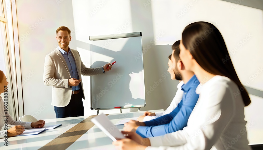 Obraz premium Business meeting with presentation board and attentive team members