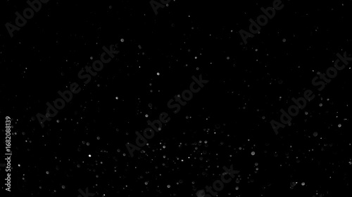 Natural Organic Dust Particles Floating On Black Background. Glittering Sparkling Particles Randomly Spin In The Air With Bokeh. Dynamic Particles With Fast And Slow Motion. Shimmering Dust In Space.	