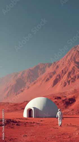 Vector Illustration of Astronaut Exploring Mars Habitat Dome with Red Planet Background and Copy Space