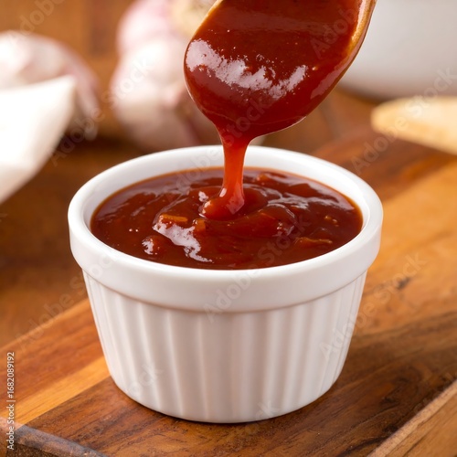 Red sauce poured from wooden spoon