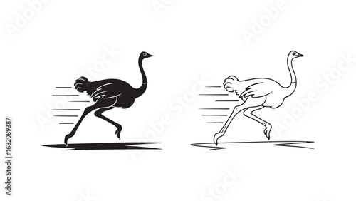 Running ostrich bird in black and white with transparent background