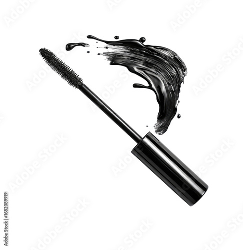 Black mascara wand with liquid splash