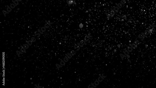 Natural Organic Dust Particles Floating On Black Background. Glittering Sparkling Particles Randomly Spin In The Air With Bokeh. Dynamic Particles With Fast And Slow Motion. Shimmering Dust In Space.