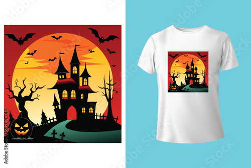 Gothic halloween t shirt design with bats and skeletons