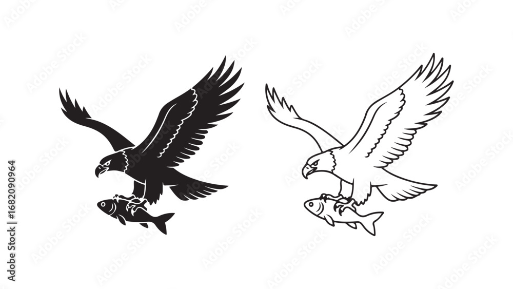 Obraz premium Eagle catching fish outline and silhouette