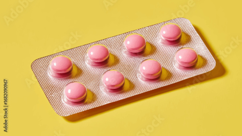 Colorful Blister Pack of Pink Vitamins on Yellow Background for Health Presentation and Copy Space Vector