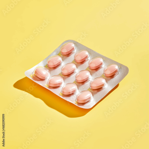 Colorful Blister Pack of Pink Vitamins on Yellow Background for Health Presentation and Copy Space Vector