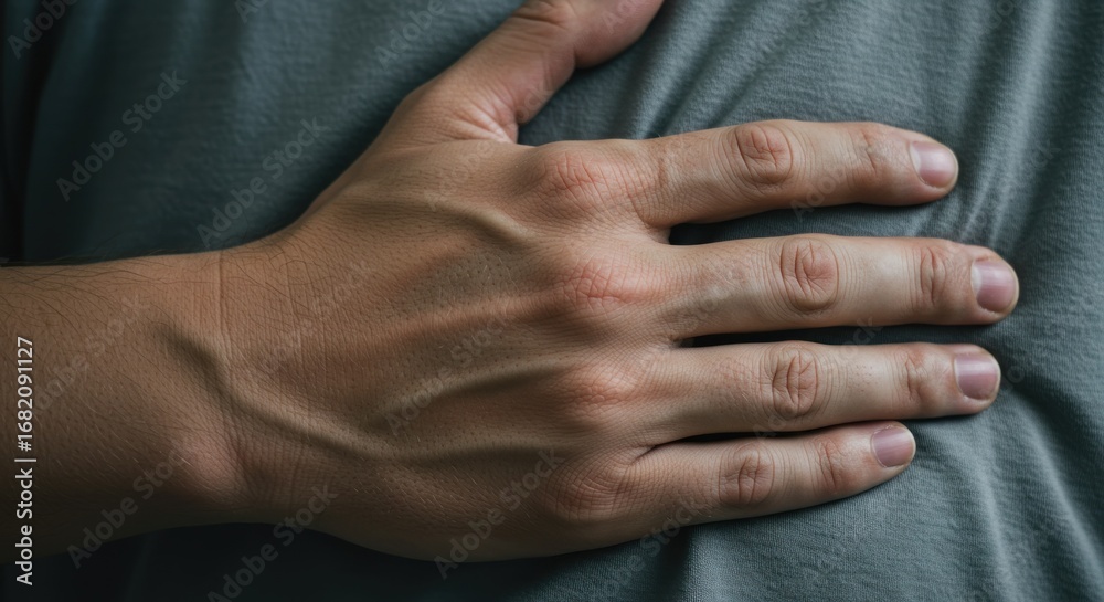 Fototapeta premium Closeup of a persons hand resting on textured fabric