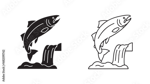 Salmon leaping waterfall outline and solid style