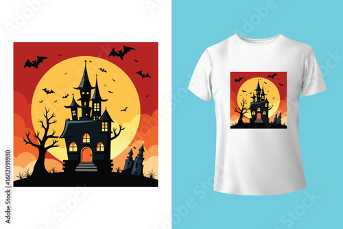Gothic halloween t shirt design with bats and skeletons