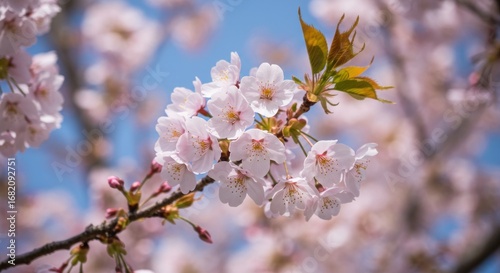 Closeup of blooming cherry blossoms with delicate pink petals