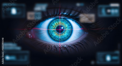 Digital Eye Scan: A close-up view of an eye illuminated with digital scanning, technology and cybersecurity. Capturing the precision and detail of retinal imaging.