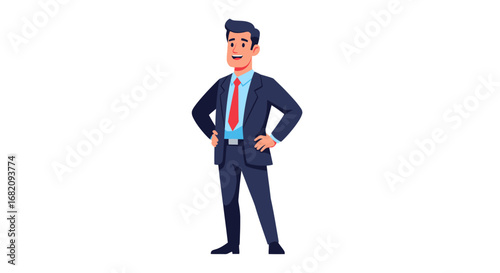 A confident businessman stands with hands on hips, wearing a suit and tie, looking forward.