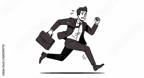 A stressed businessman running with a briefcase, conveying a sense of urgency and rush.