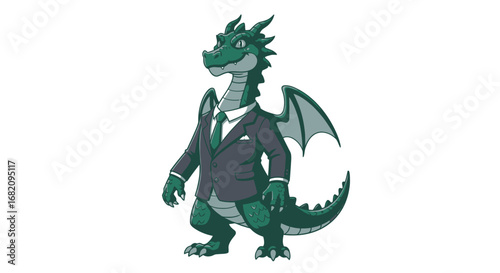 An anthropomorphic green dragon character dressed professionally in a formal business suit.