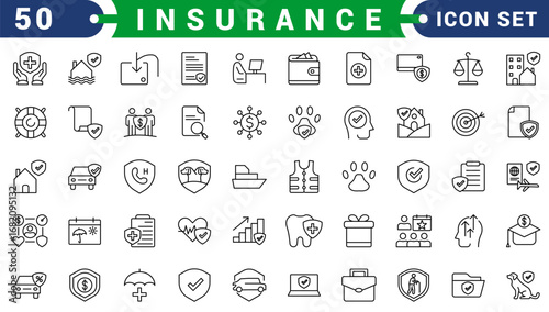 Insurance and assurance icon set. Containing healthcare medical, life, car, home, travel insurance icons. Solid icons vector collection.