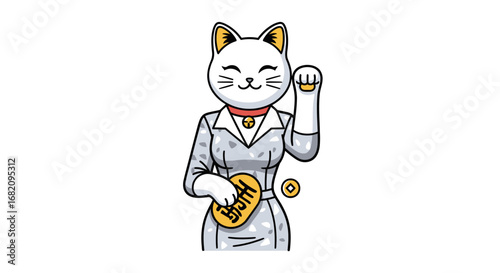 A charming cartoon of a Japanese Maneki-neko lucky cat dressed in a business suit, beckoning with one paw and holding gold coins for good fortune.