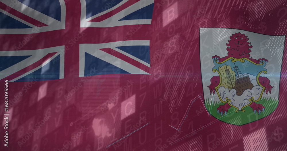 Obraz premium Displaying Bermuda red ensign flag in digital composite, with charts, codes and map outline