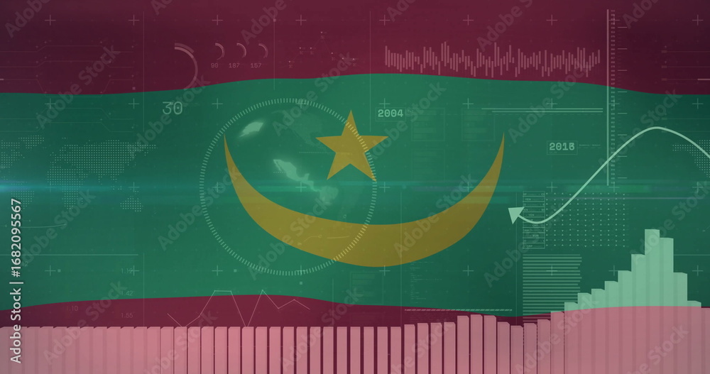 Obraz premium Mauritania flag showing data visualization in interface with globe, grids, line graph and pink bars