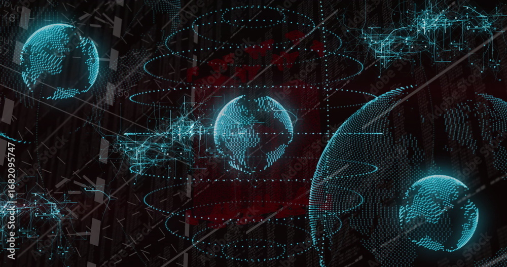 Fototapeta premium Floating blue holographic Earth over red matrix with orbital rings and data nodes, copy space
