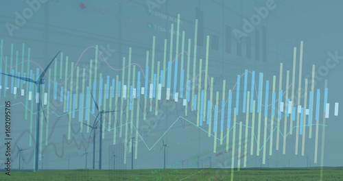 Showing wind turbines spinning on rural plain, with vertical bar charts and line graph overlays