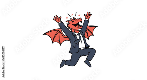 A jubilant, anthropomorphic dragon in a business suit leaps with joy, wings outstretched, celebrating success or excitement.