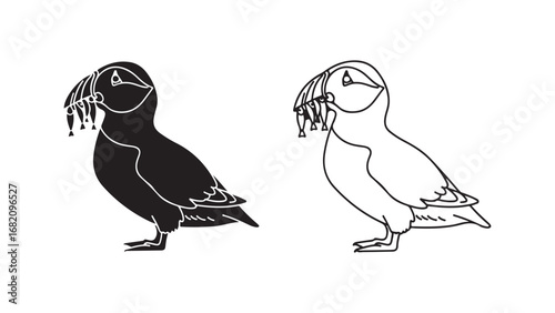 Puffin bird outline and silhouette with transparent background
