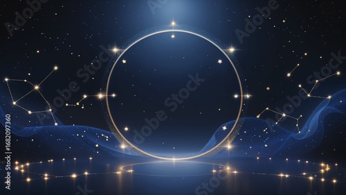 Dark background with shining symbols and stars. Astrology concept