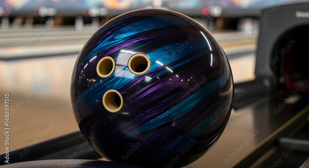 Fototapeta premium Bowling Ball in Motion: A close-up image showcases a bowling ball with a mesmerizing swirl pattern, highlighting its texture and design within a modern bowling alley setting. 