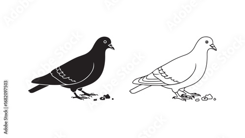 Pigeons eating seeds, black and white outline