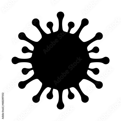 A stylized illustration of a virus in black against a white background