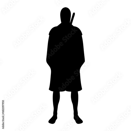 Silhouette of a warrior in tunic with sword over shoulder standing still