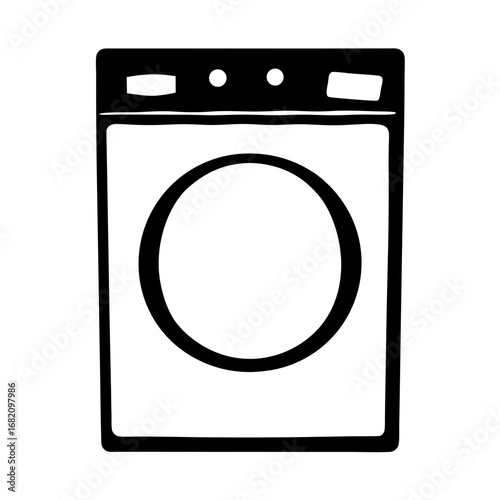 Black and white line drawing of a front loading washing machine