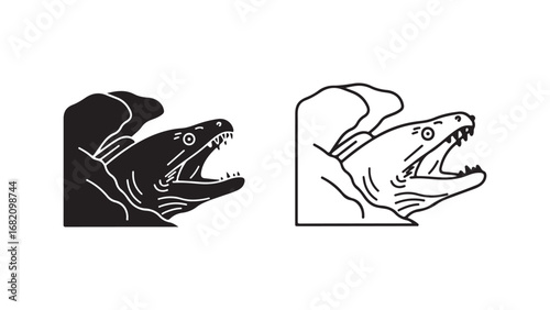 Dinosaur head emerging from rock with open mouth