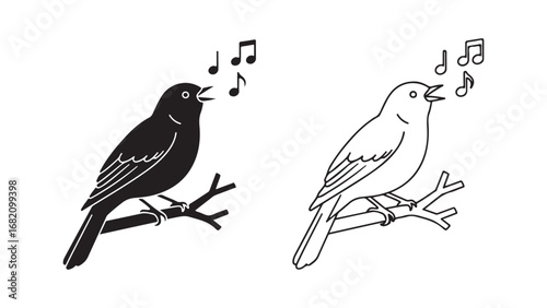 Singing bird on branch with transparent background