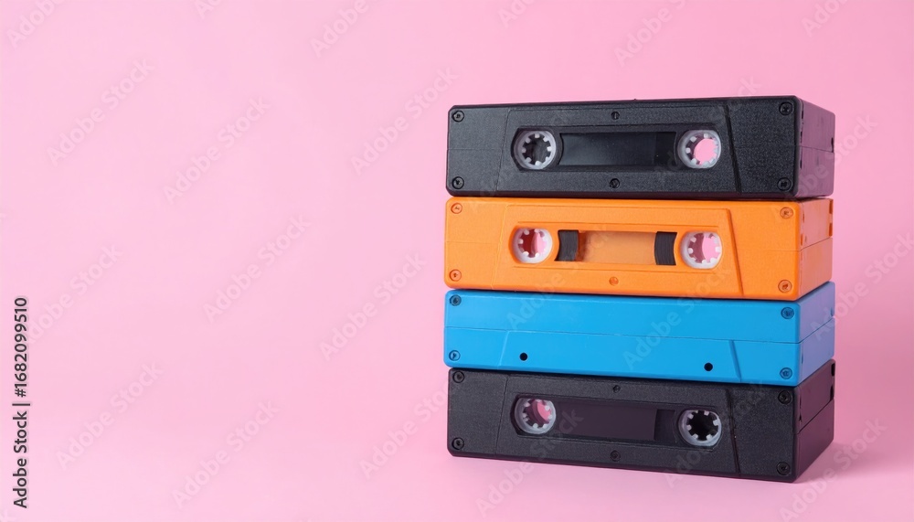 Obraz premium Stack of four audio cassettes in black, orange, and blue. Background is solid pink. Retro analog technology from the 1980s and 1990s