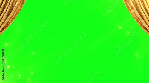 Dynamic Opening of Sparkling Gold Sequin Curtains Revealing a Chroma Key Green Screen