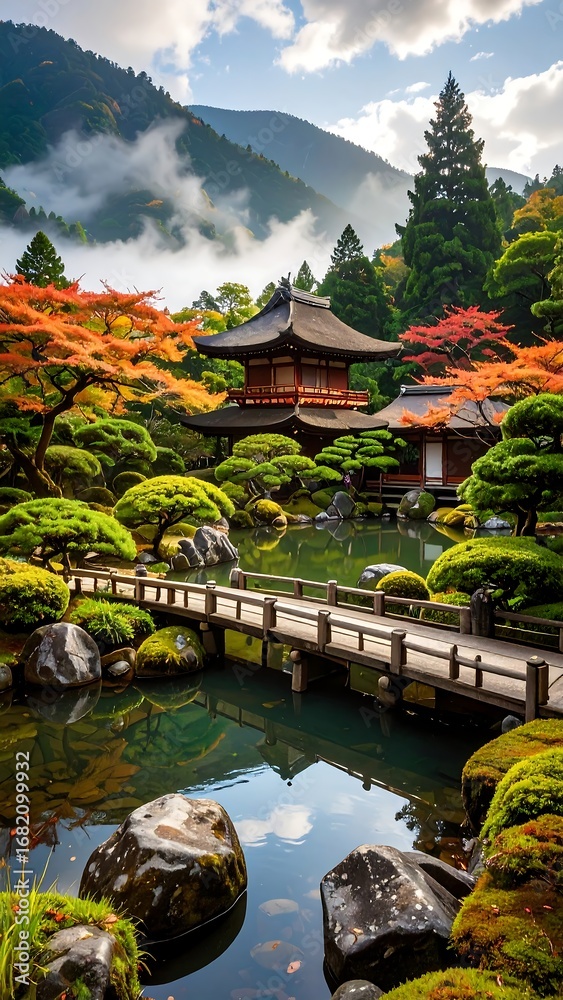 Fototapeta premium A tranquil Japanese garden, with a serene wooden bridge reflecting the surrounding autumn foliage and mountains.
