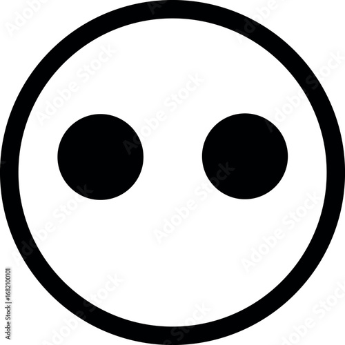 Minimalist black and white graphic of a simple circle with two black dots for eyes representing a face or emoticon