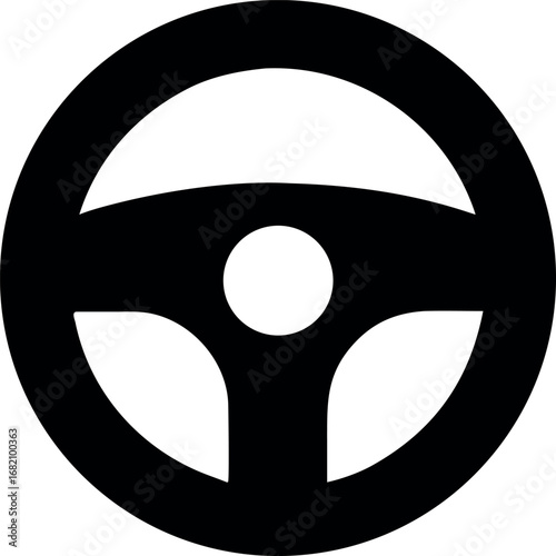 Simple black silhouette of a car steering wheel with a central hub and three spokes on a white background