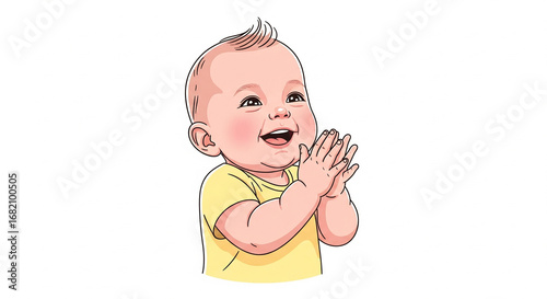 Happy and joyful baby clapping hands with a sweet smile, wearing a yellow shirt, cartoon illustration on an isolated transparent background